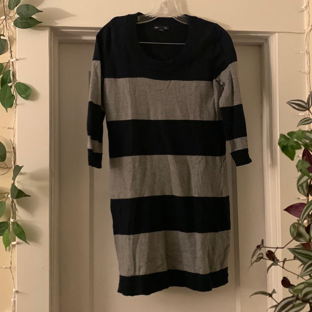 Gap navy and grey striped sweater dress with 3/4 sleeves